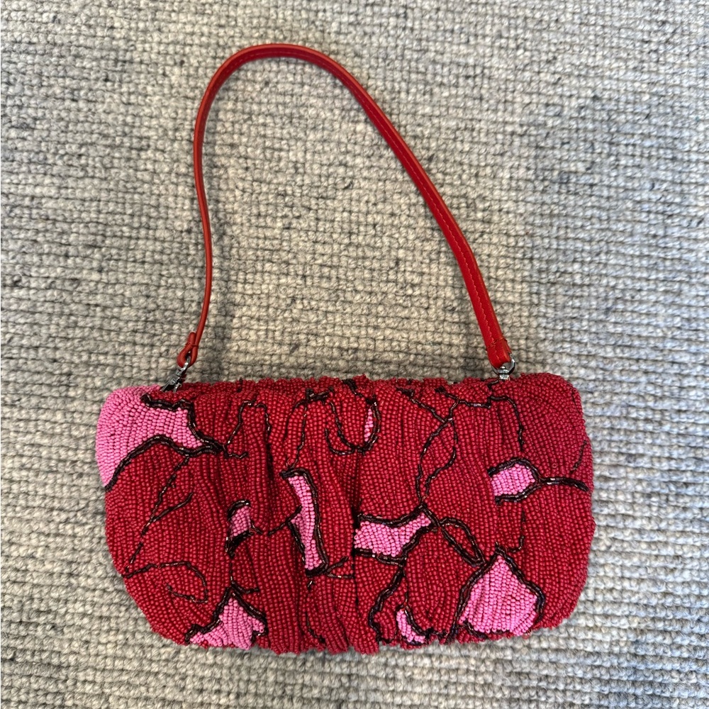 STAUD Bean Versatile Convertible Beaded Bag Purse Red Pink